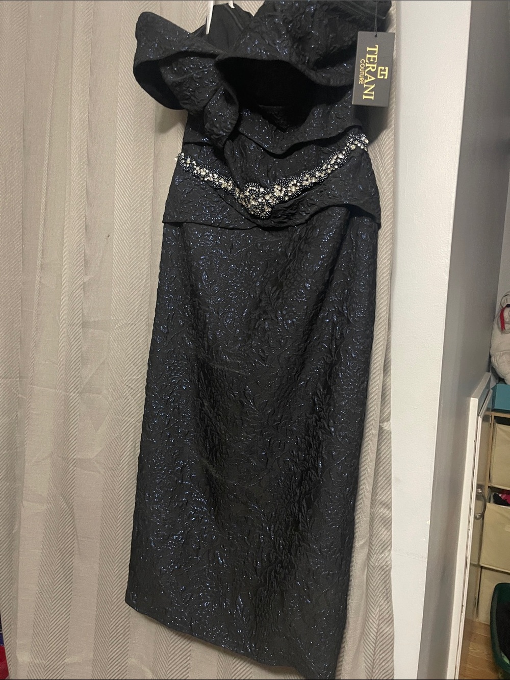 Terani Couture Black Strapless Beaded Waist Evening Dress - Picture 6 of 6